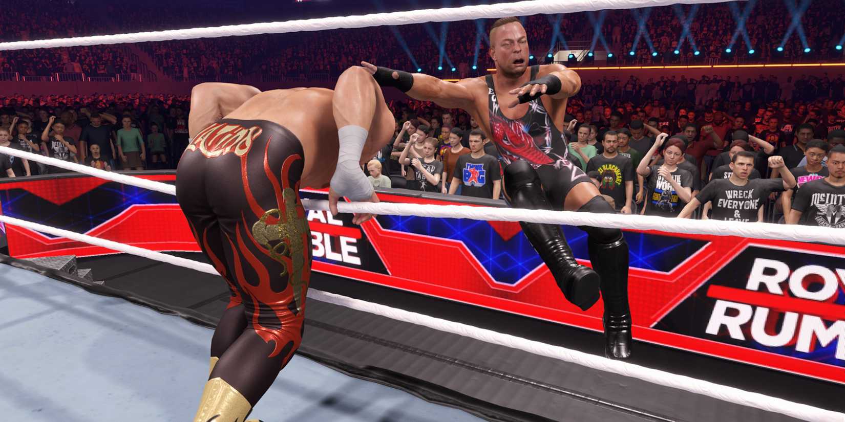 WWE 2K25 screenshot of Rob Van Dam being eliminated from the Royal Rumble by Eddie Guerrero