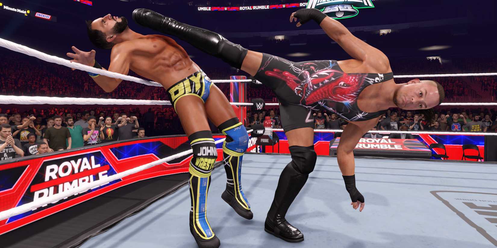 WWE 2K25 screenshot of Rob Van Dam using a superkick Royal Rumble Finisher on Johnny Gargano