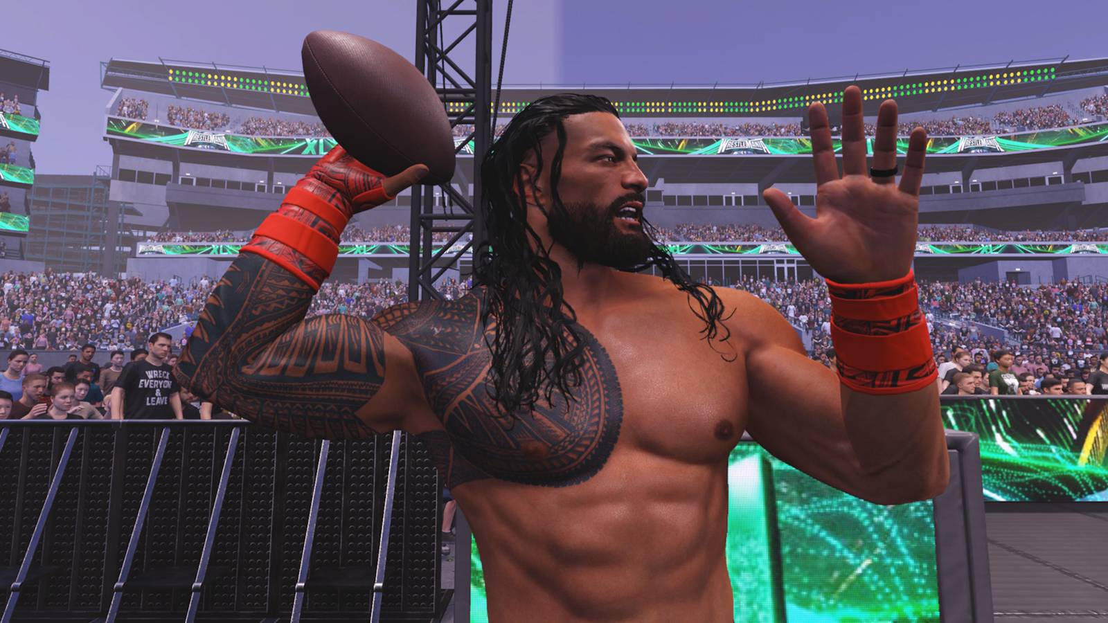 WWE 2K25 screenshot of Roman Reigns throwing a weapon, in this case a football