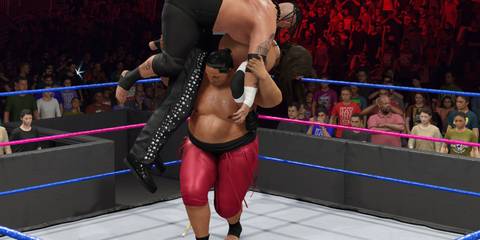 WWE 2K25 Yoko stacks two opponents for the Double Samoan Drop