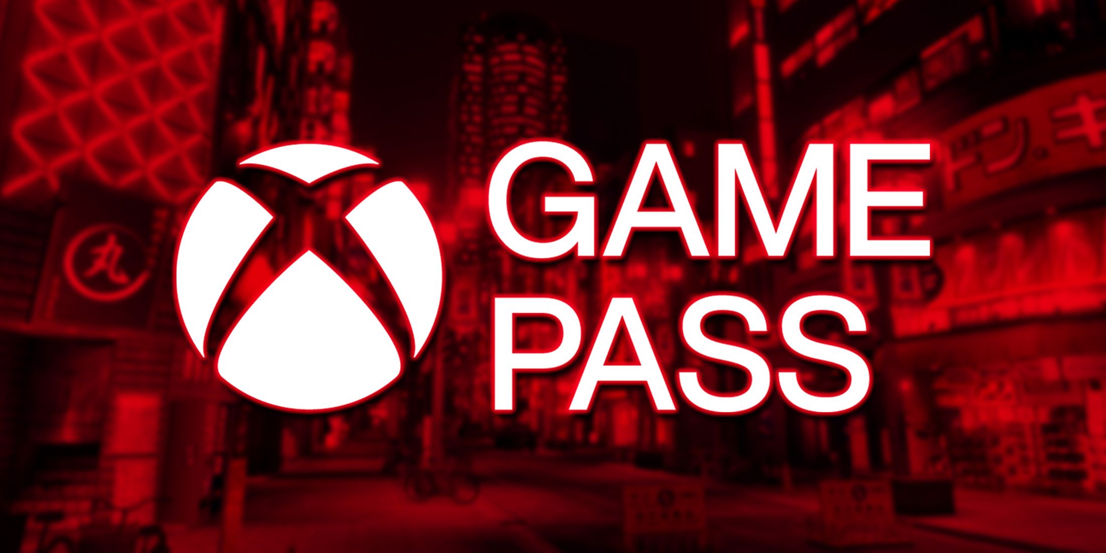 Xbox Game Pass logo over red-tinted Yakuza 5 Remaster Kamurocho screenshot