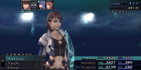 Xenosaga Episode 3 battle screen showing Shion, MOMO, and KOS-MOS