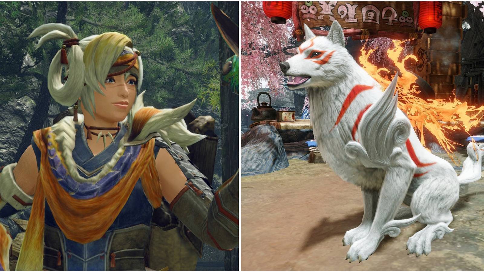 Your Hunter and an Okami skin in Monster Hunter Rise
