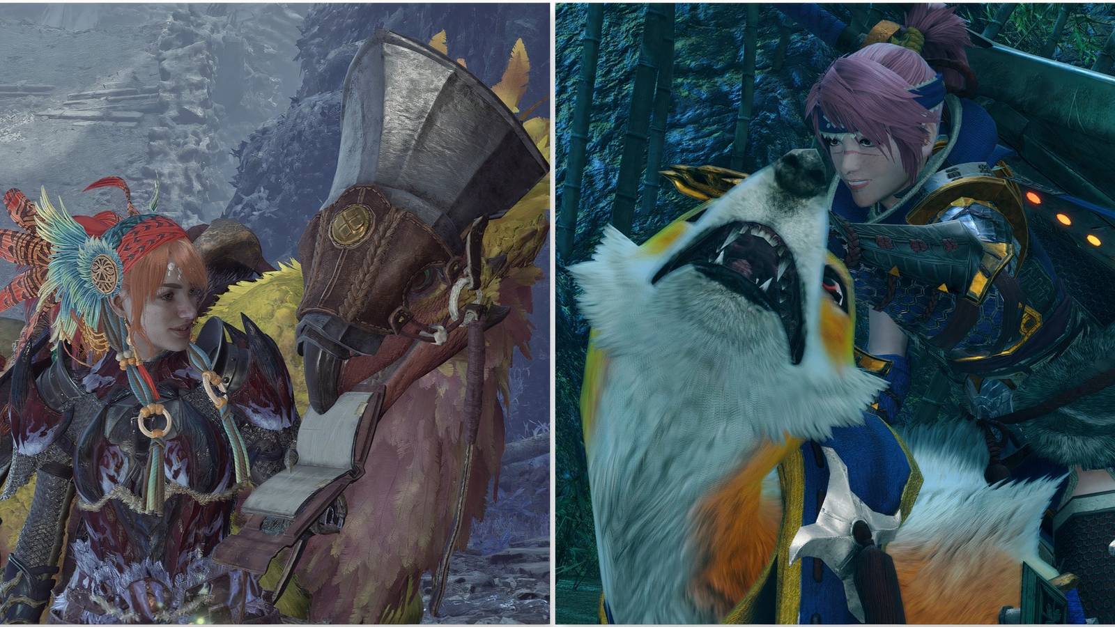 Your Hunter with a Seikret in Monster Hunter Wilds and your Hunter with a Palamute in Monster Hunter Rise