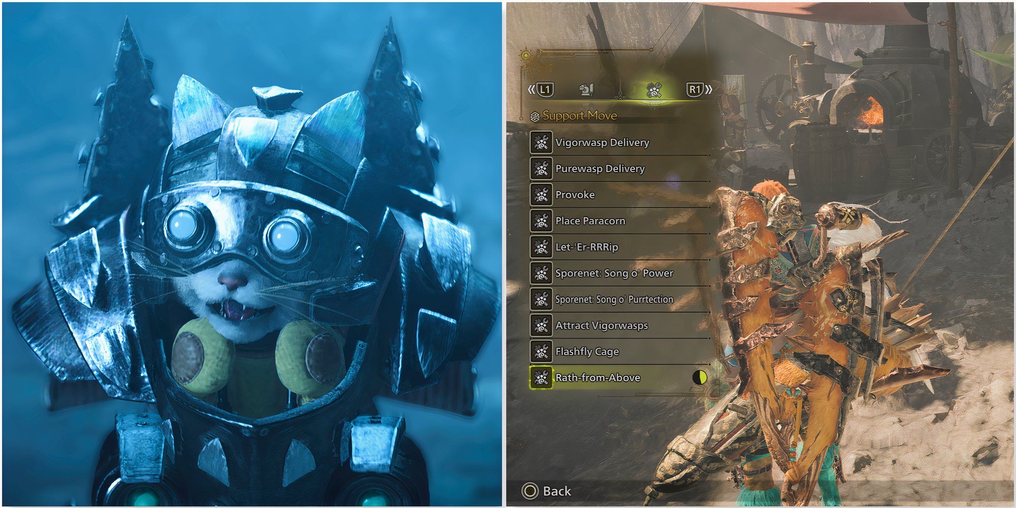 Your Palico and the Support Abilities menu in Monster Hunter Wilds