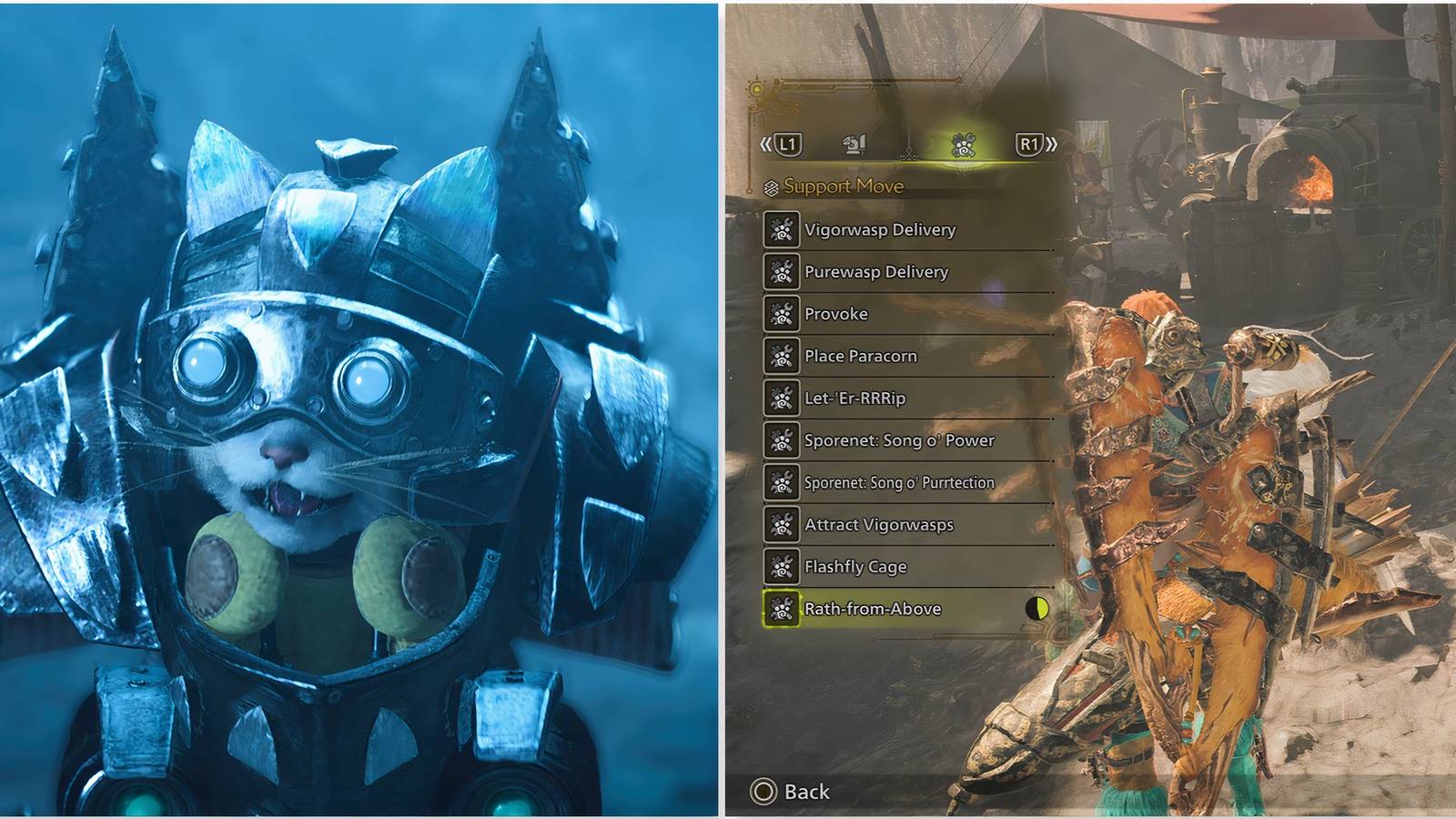 Your Palico and the Support Abilities menu in Monster Hunter Wilds