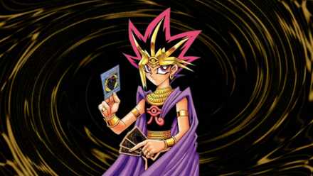 Atem from Forbidden Memories on Yu-Gi-Oh card background