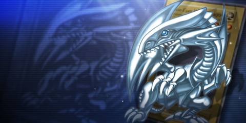 A promotional visual for Yu-Gi-Oh Master Duel showing Blue-Eyes White Dragon