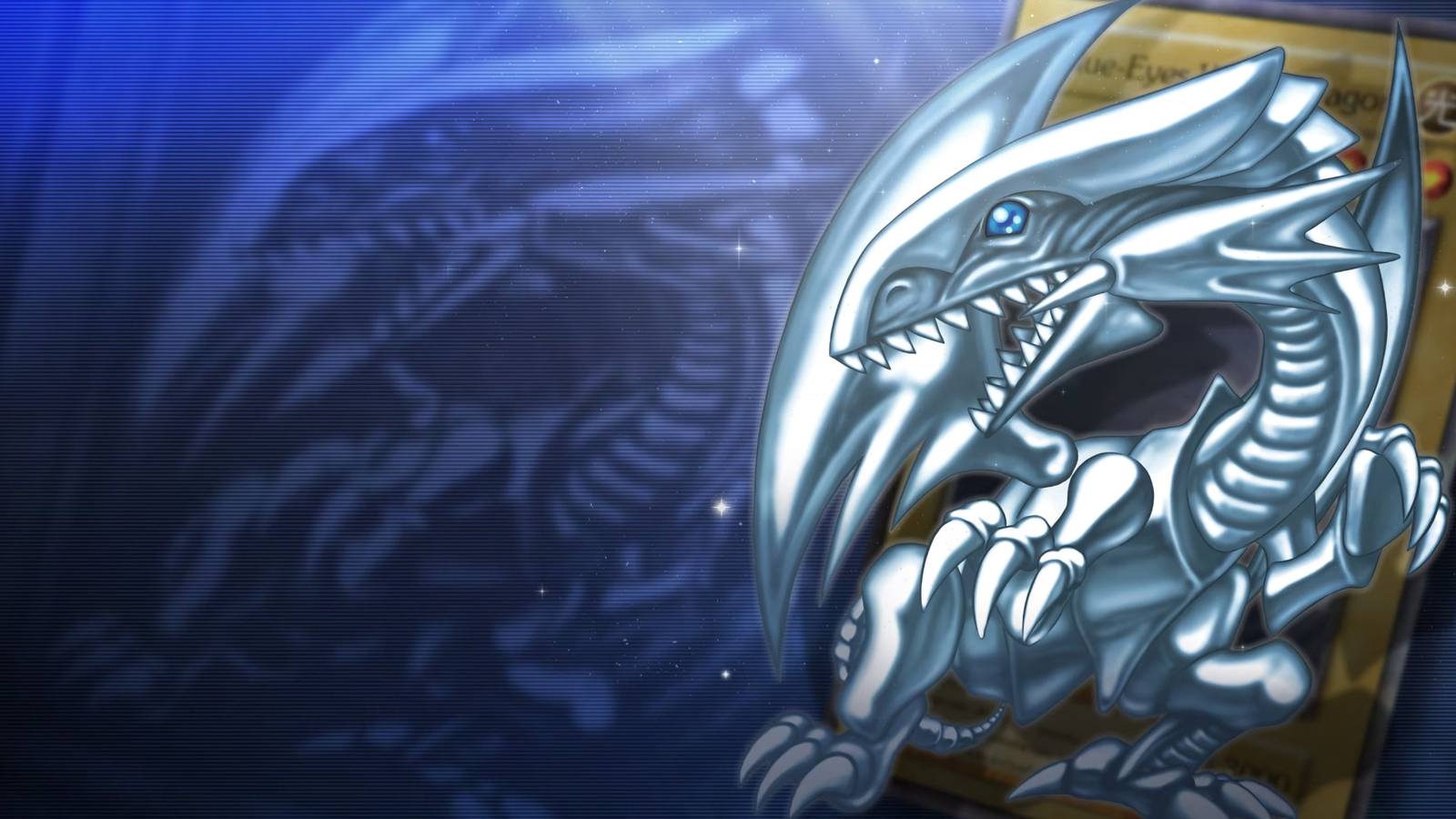 A promotional visual for Yu-Gi-Oh Master Duel showing Blue-Eyes White Dragon