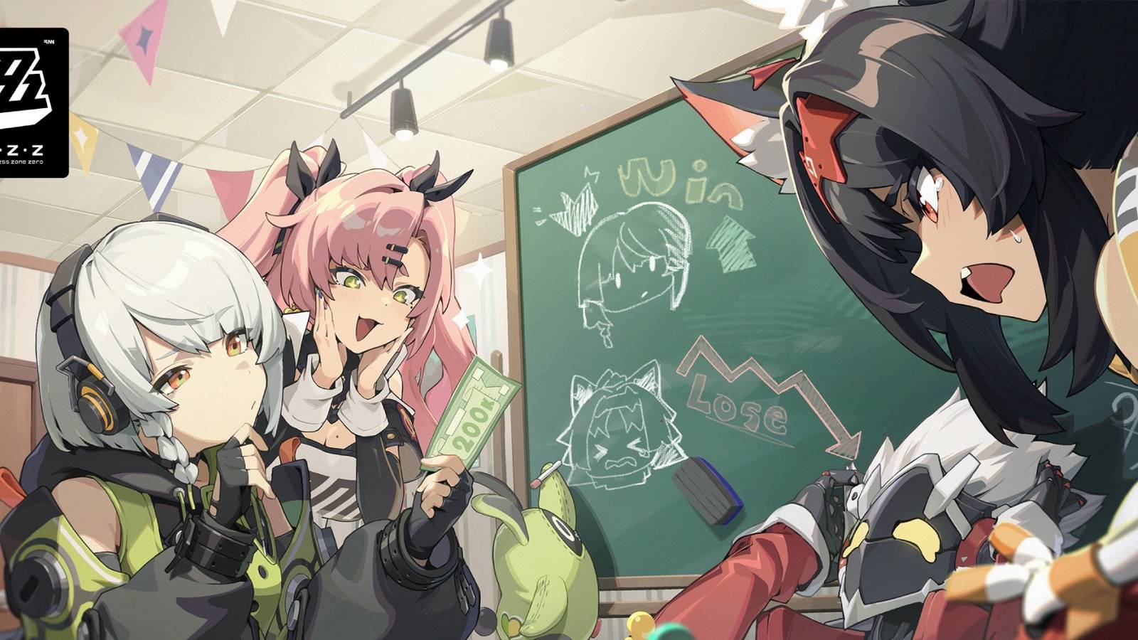 A promotional visual for Zenless Zone Zero showing Nekomata, Anby, and Nicole.