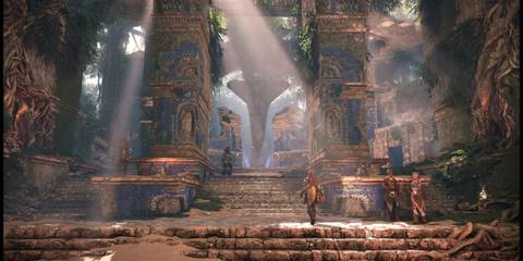 Aloy Walking Up Stairs in Ruins in Horizon Forbidden West