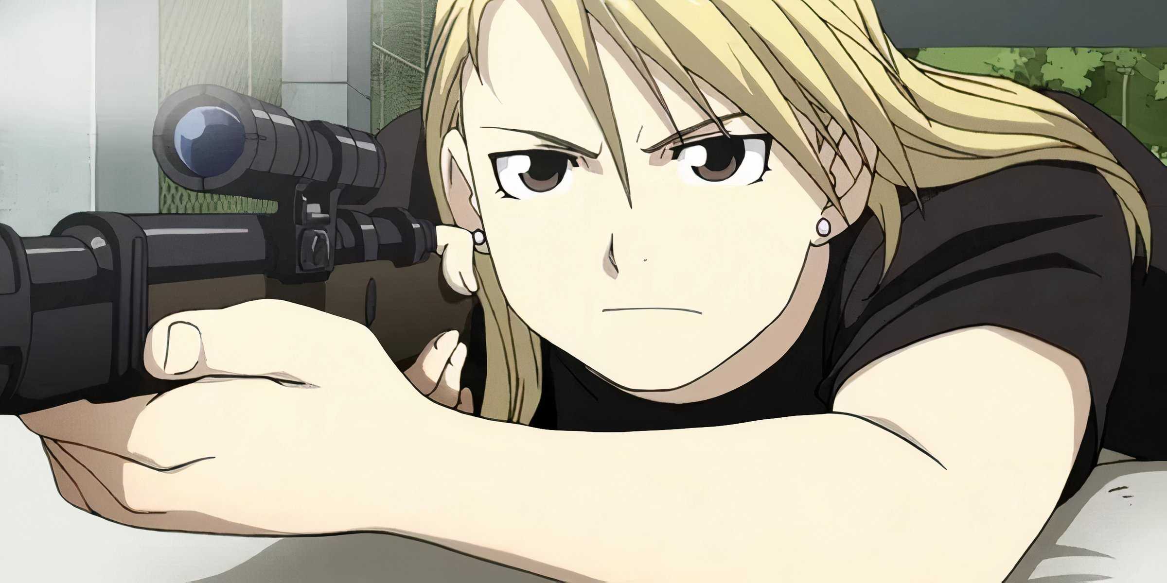 Riza Hawkeye takes aim with her rifle in Fullmetal Alchemist: Brotherhood.