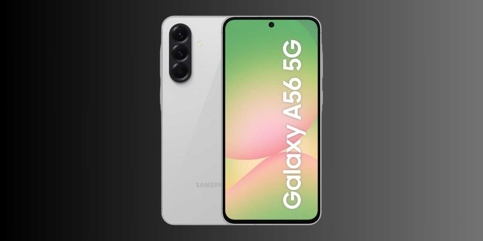 Samsung Galaxy A56 5G on a grey gradient background.