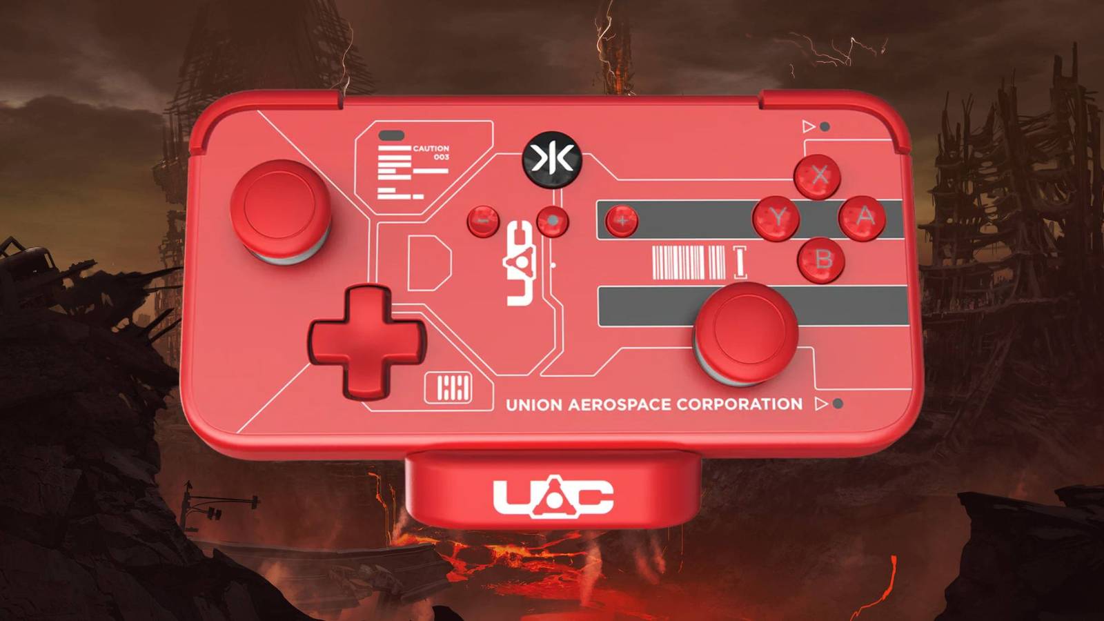 DOOM II NEO S Red Key Card Controller & Charging Dock on a doom inspirefd background.