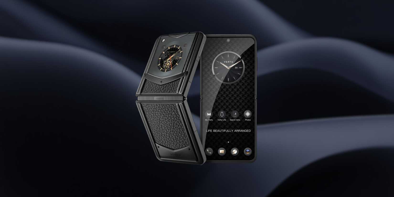 Vertu Ironflip Calfskin on a grey gradient. 