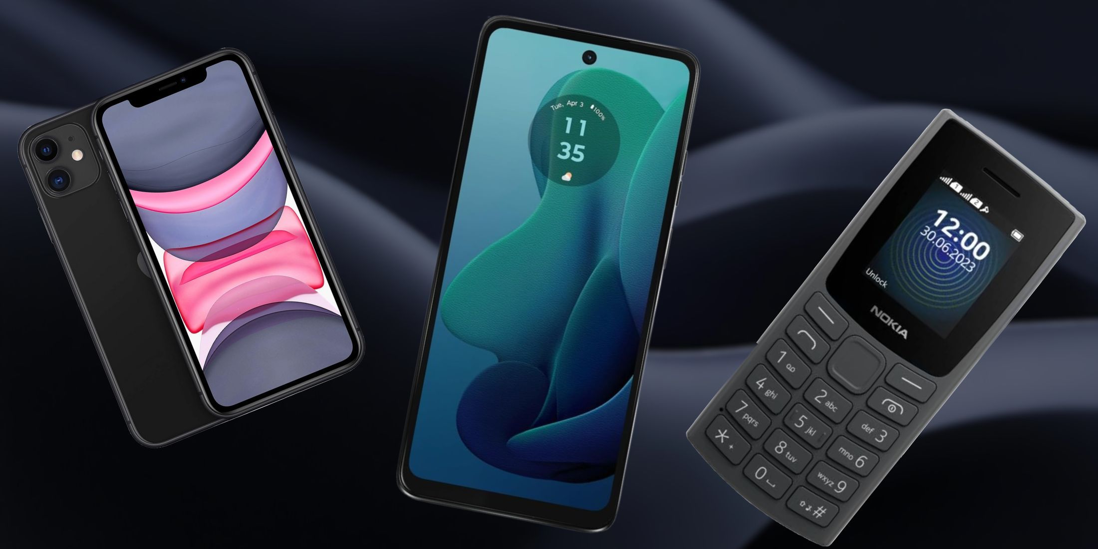 Images of iPhone 11, Motorola Moto 5G and Nokia 801