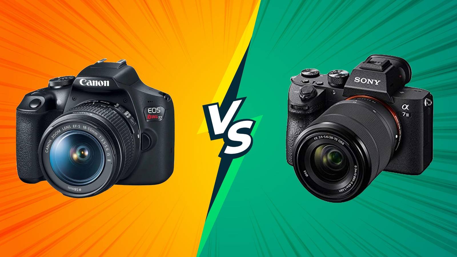 Image of a background with vs on it, overlaid by a mirrorless and a dslr camera facing each other.