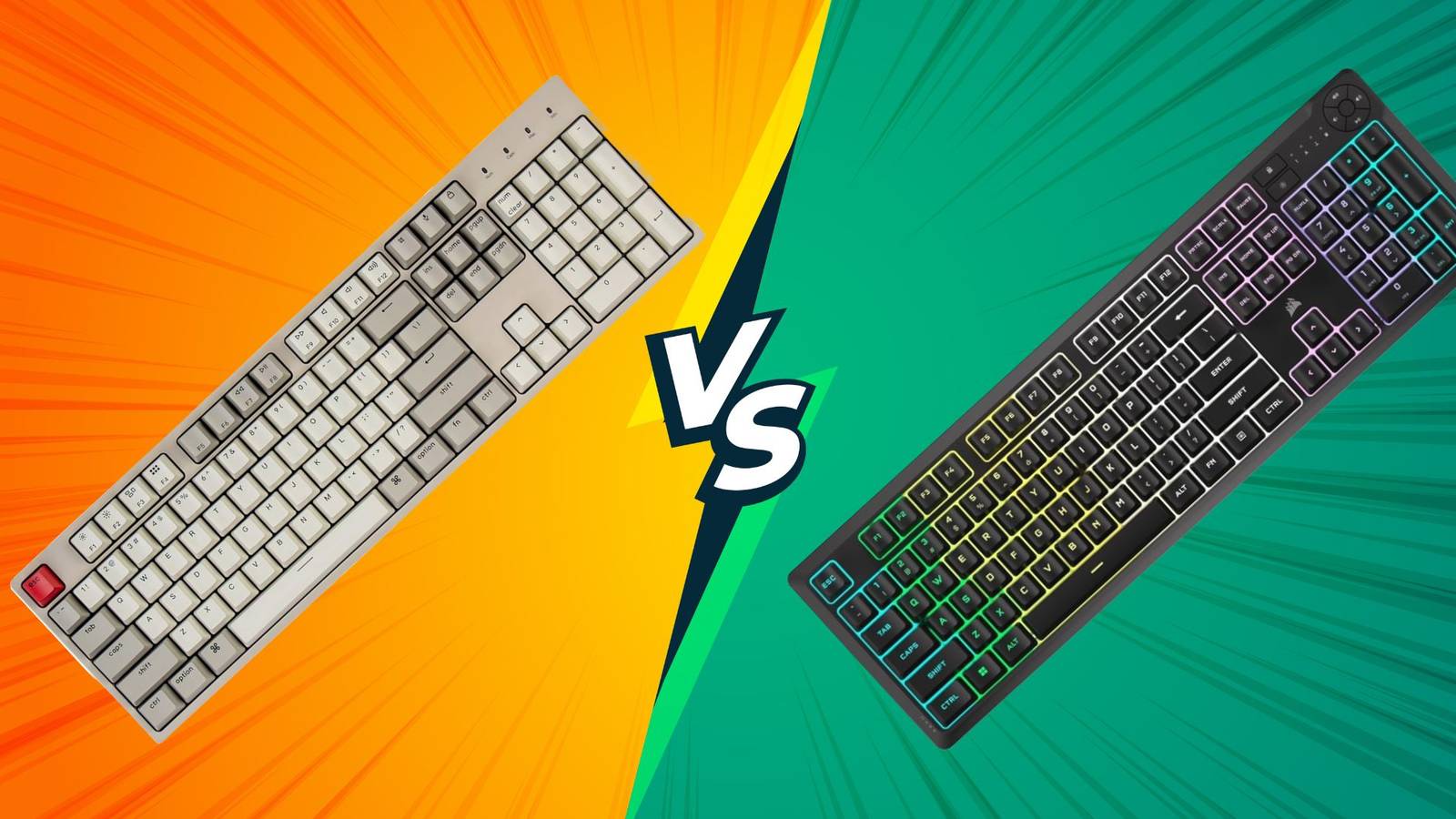 Image of a mechanical and a membrane keyboard on a versus background.