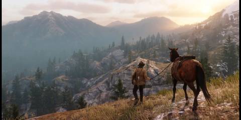 Arthur on a Mountain With His Horse in Red Dead Redemption 2