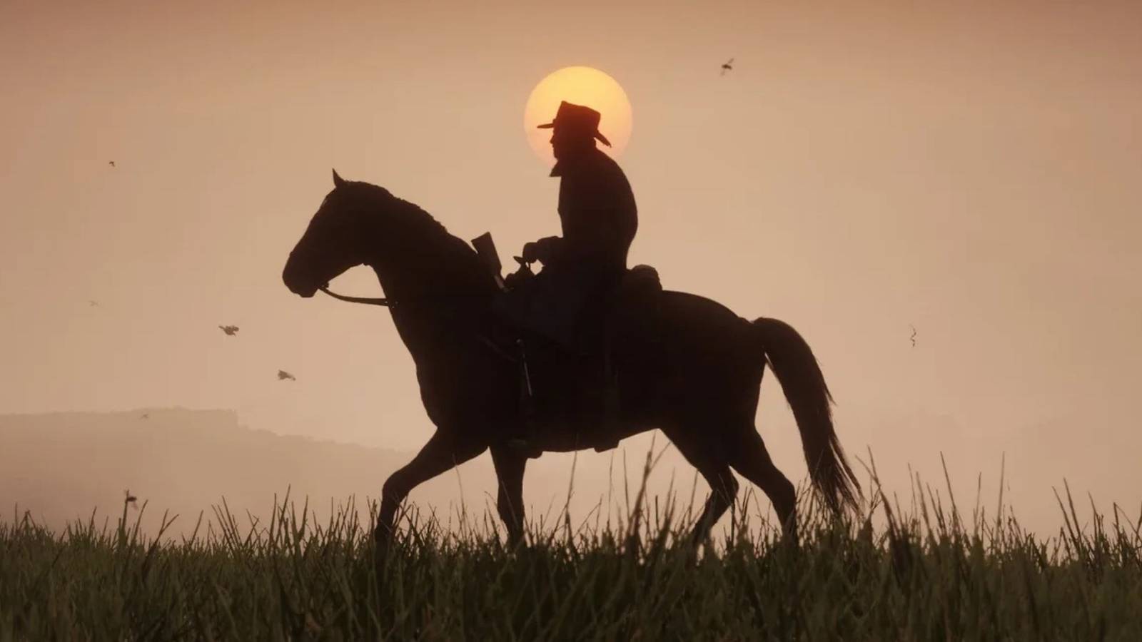 Arthur Riding a Horse With The Sunset in The Background From Red Dead Redemption 2