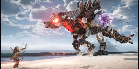 Aloy Fighting a Slaughterspine on a Beach in Horizon Forbidden West