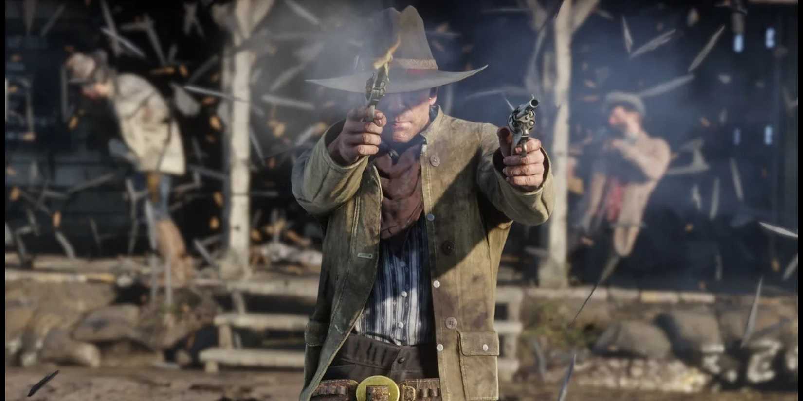 Arthur Firing Two Pistols in a Fight From Red Dead Redemption 2