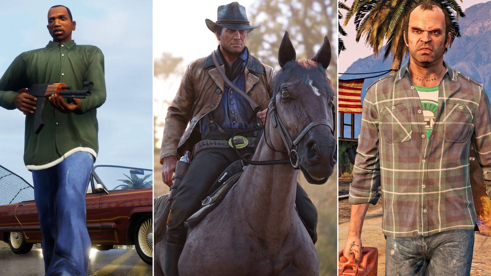 A collage of 3 ambitious video games that were developed by Rockstar: Grand Theft Auto: San Andres, Red Dead Redemption 2 and Grand Theft Auto 5.