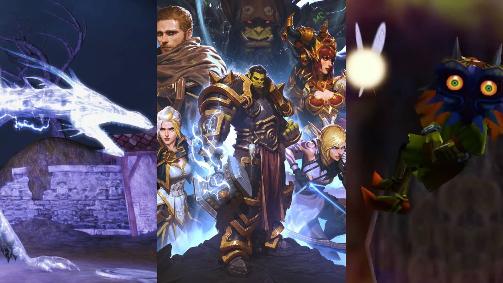 A collage of three great fantasy games from the 2000s: Dragon Age: Origins, World of Warcraft and The Legend of Zelda: Majora's Mask