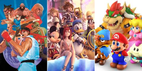 A collage of three games with soundtracks made by Yoko Shimomura: Street Fighter 2, Kingdom Hearts 2 and Super Mario RPG