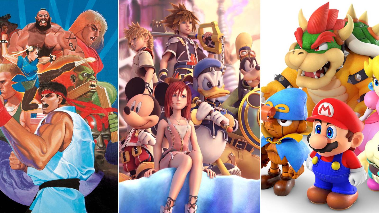 A collage of three games with soundtracks made by Yoko Shimomura: Street Fighter 2, Kingdom Hearts 2 and Super Mario RPG