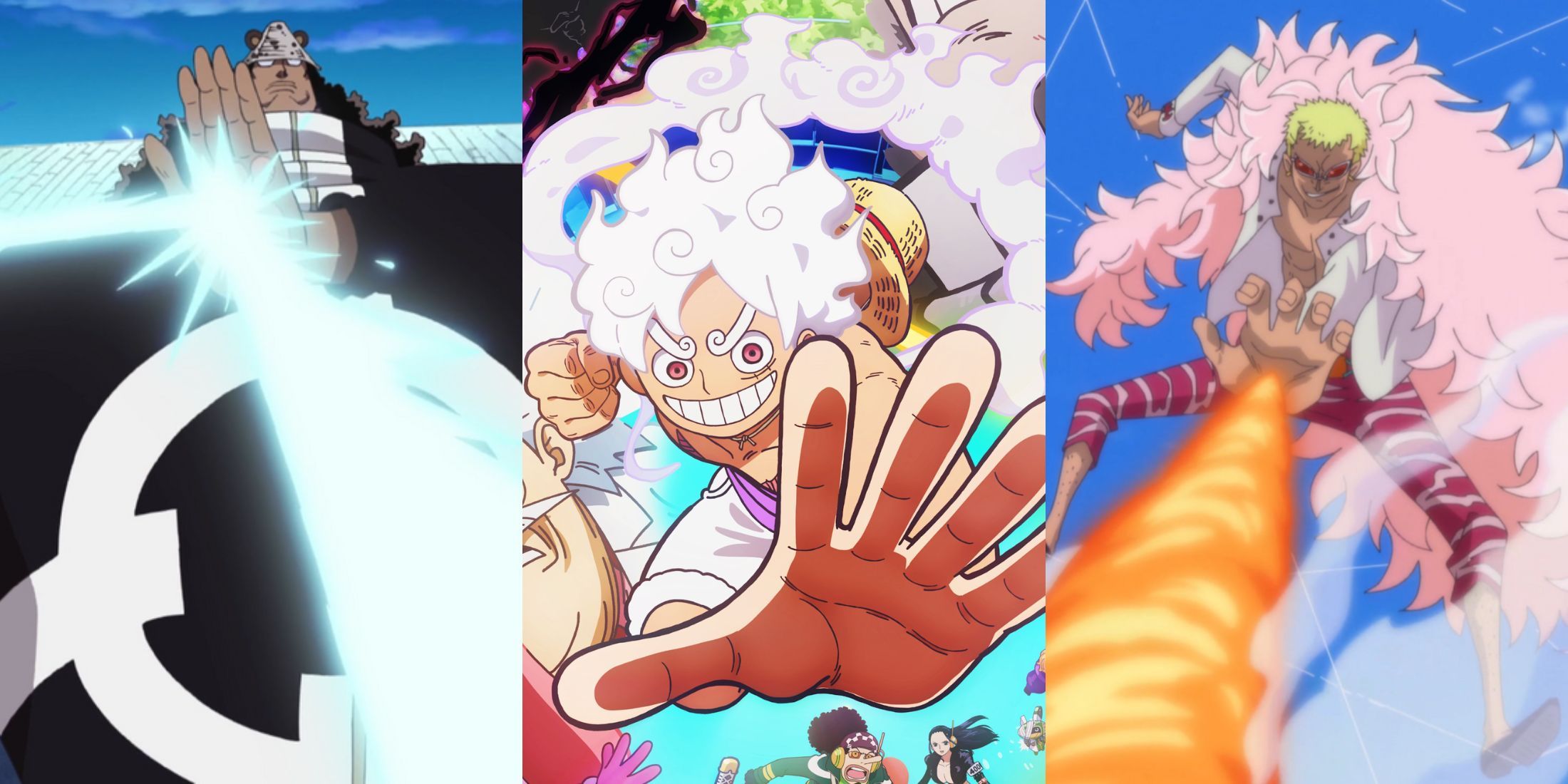 A collage of three powerful Devil Fruits from One Piece that were very hard to master: Kuma's Nikyu Nikyu no Mi, Luffy's Gomu Gomu no Mi and Doflamingo's Ito Ito no Mi.