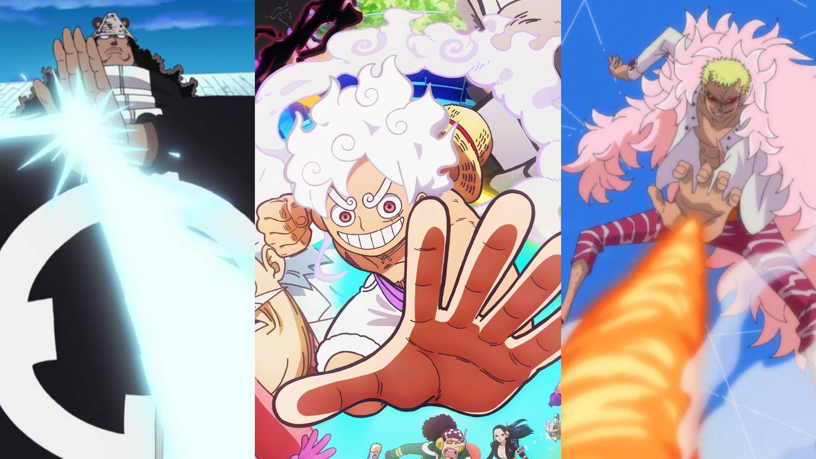A collage of three powerful Devil Fruits from One Piece that were very hard to master: Kuma's Nikyu Nikyu no Mi, Luffy's Gomu Gomu no Mi and Doflamingo's Ito Ito no Mi.