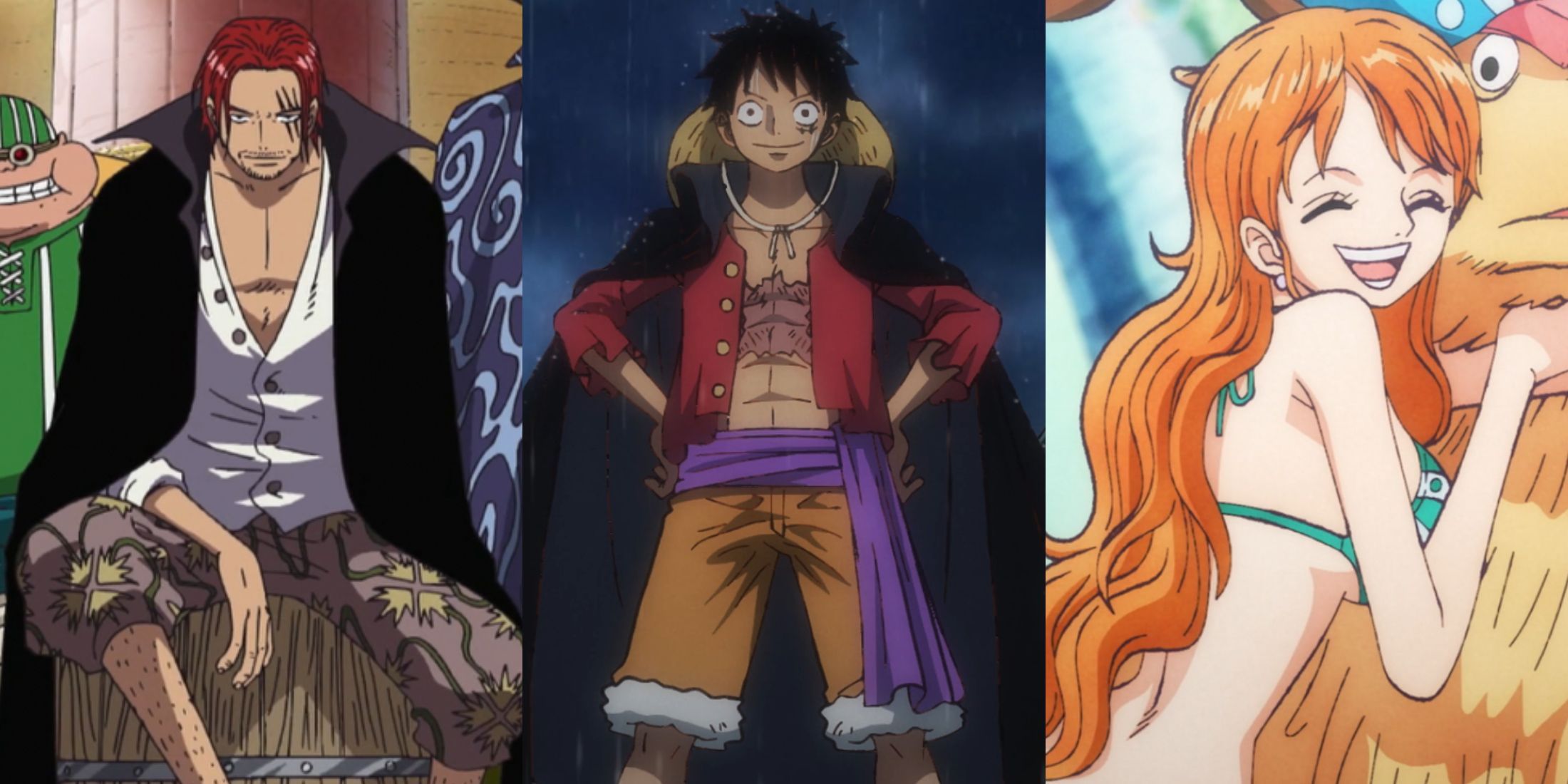 A collage of three highly beloved One Piece characters: Shanks, Monkey D. Luffy and Nami.
