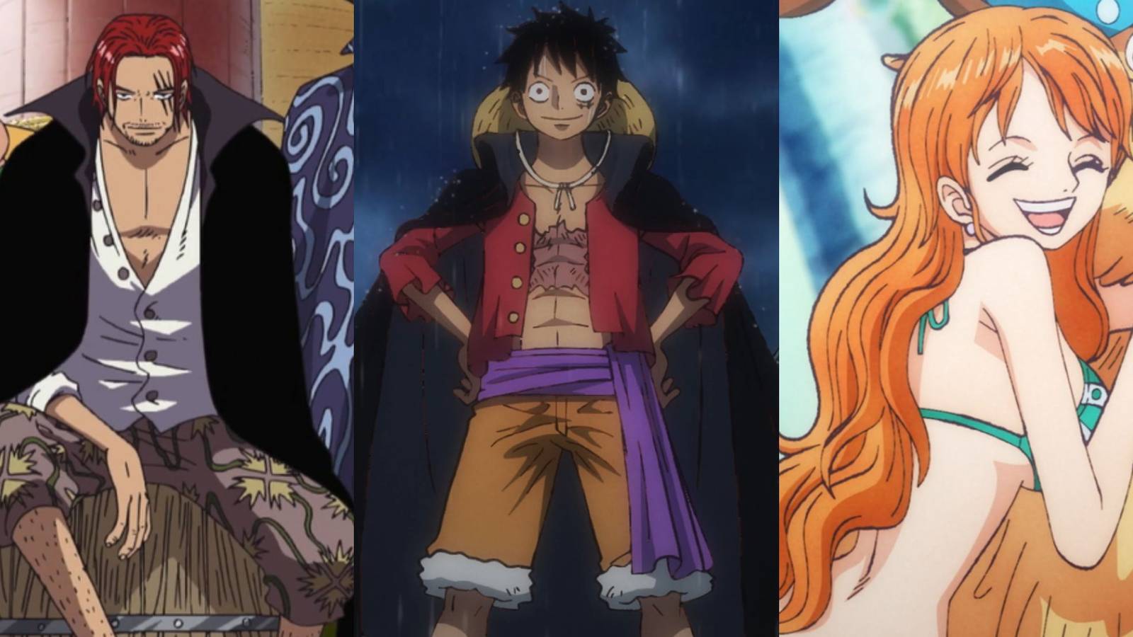 A collage of three highly beloved One Piece characters: Shanks, Monkey D. Luffy and Nami.