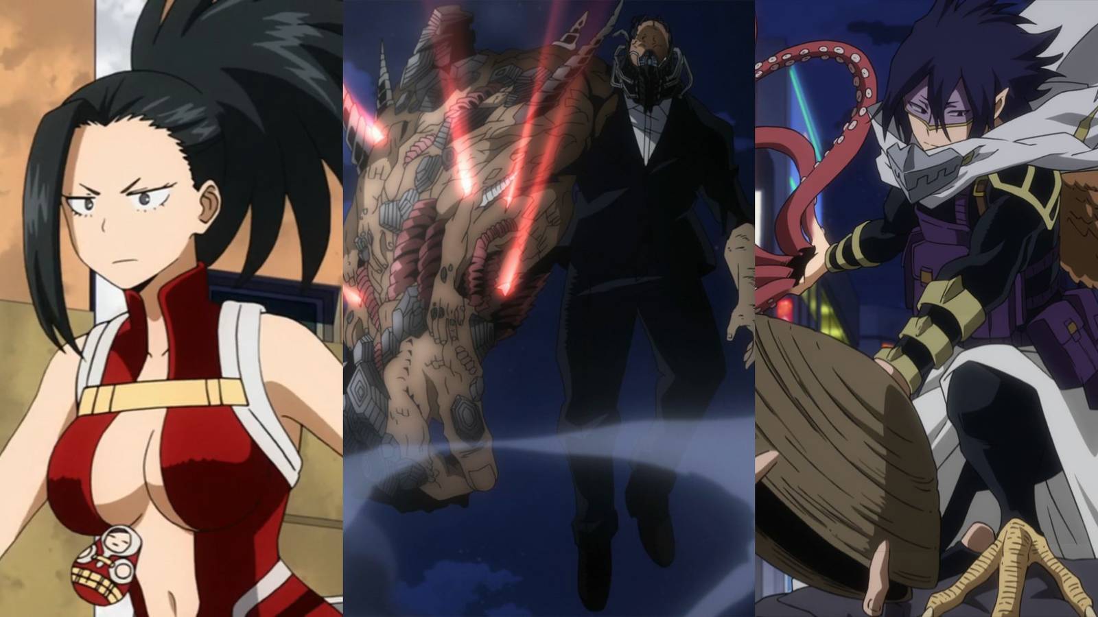 A collage of three versatile quirks in My Hero Academia: Momo's Creation, All For One's All For One, and Tamaki's Manifest.