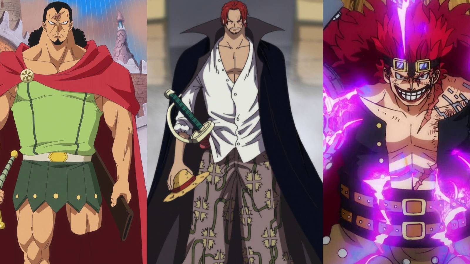 A collage of three One Piece characters who lost a limb: Kyros, Shanks and Eustass Kid.