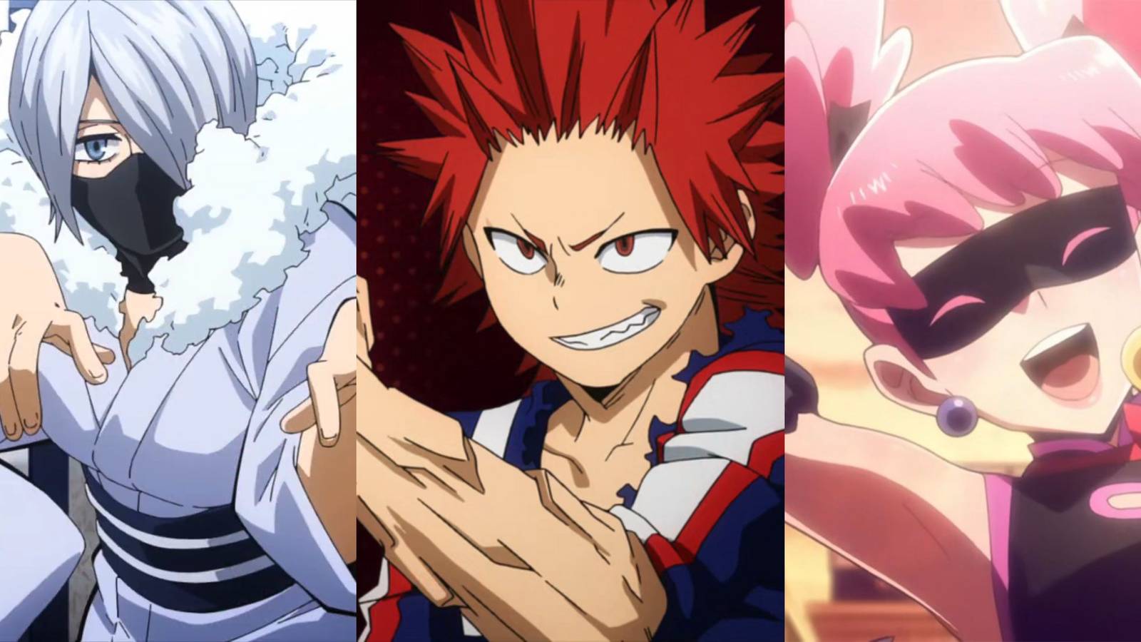 A collage of three simple quirks from My Hero Academia: Reiko Yanagi's Poltergeist, Eijiro Kirishima's Hardening and Pop Step's Leap.