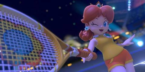 A closeup shot of princess peach in Mario Tennis Aces