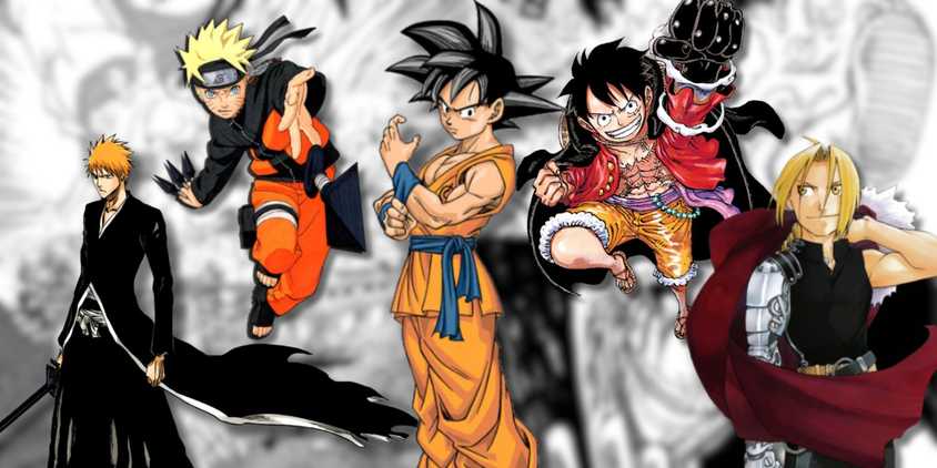 A collage of five characters from some of the best shonen manga series_ Ichigo Kurosaki, Naruto Uzumaki, Goku, Monkey D. Luffy and Edward Elric. (1)
