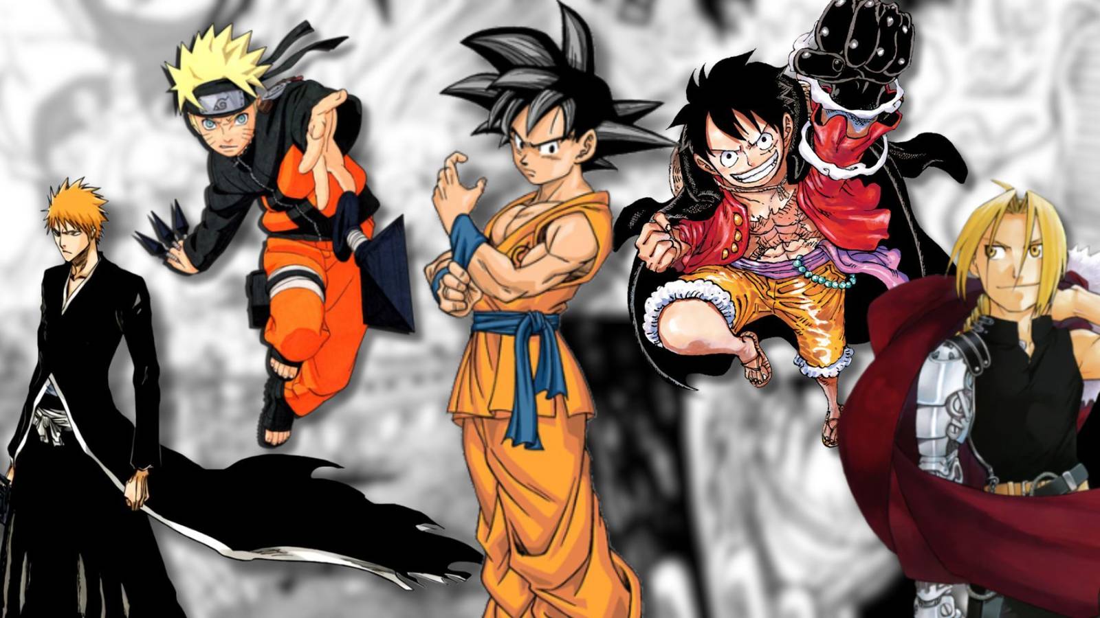 A collage of five characters from some of the best shonen manga series_ Ichigo Kurosaki, Naruto Uzumaki, Goku, Monkey D. Luffy and Edward Elric. (1)