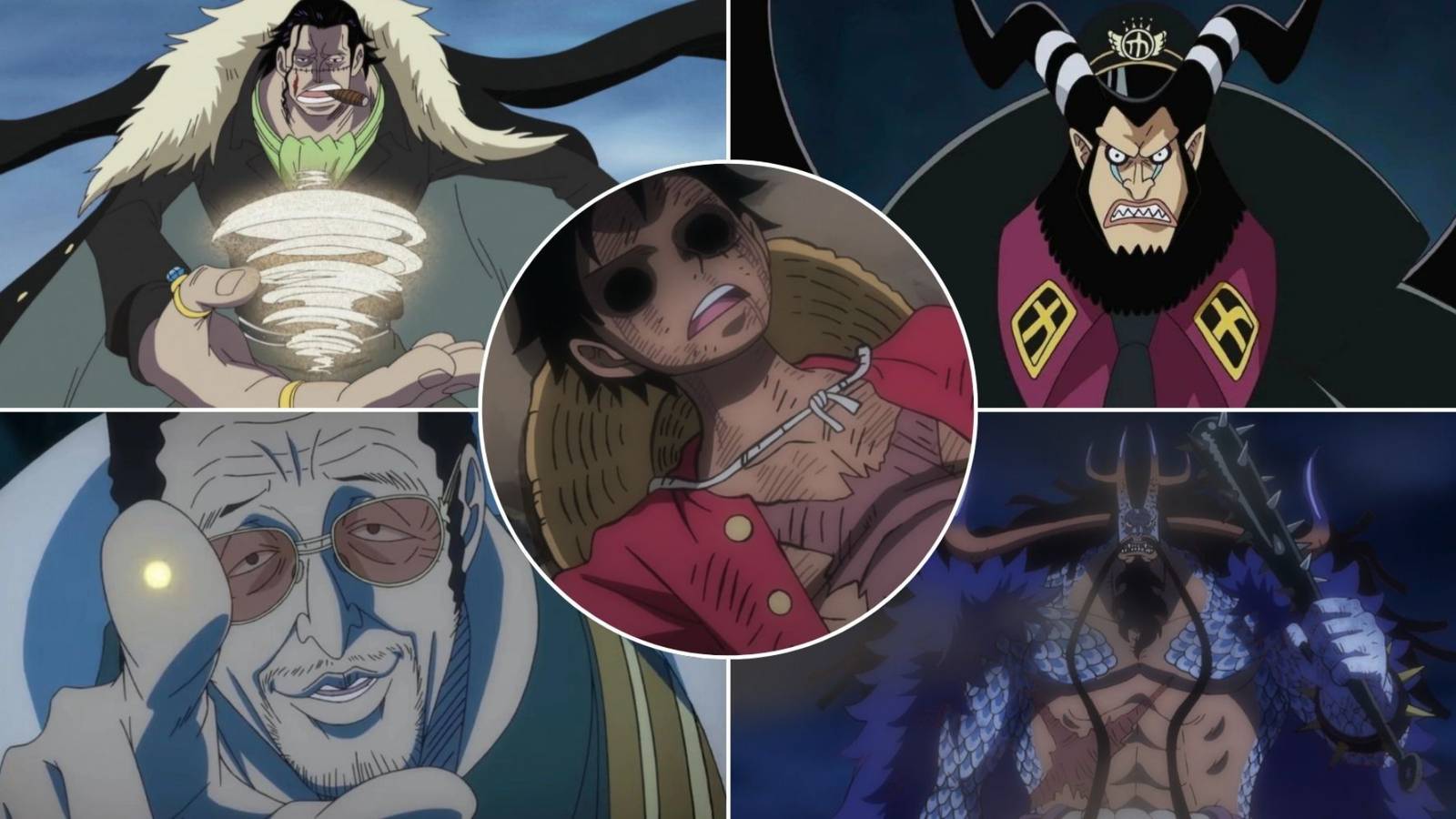 A collage of four One Piece characters who managed to overpower Luffy_ Sir Crocodile, Magellan, Borsalino (Kizaru) and Kaido (One Piece) (1)