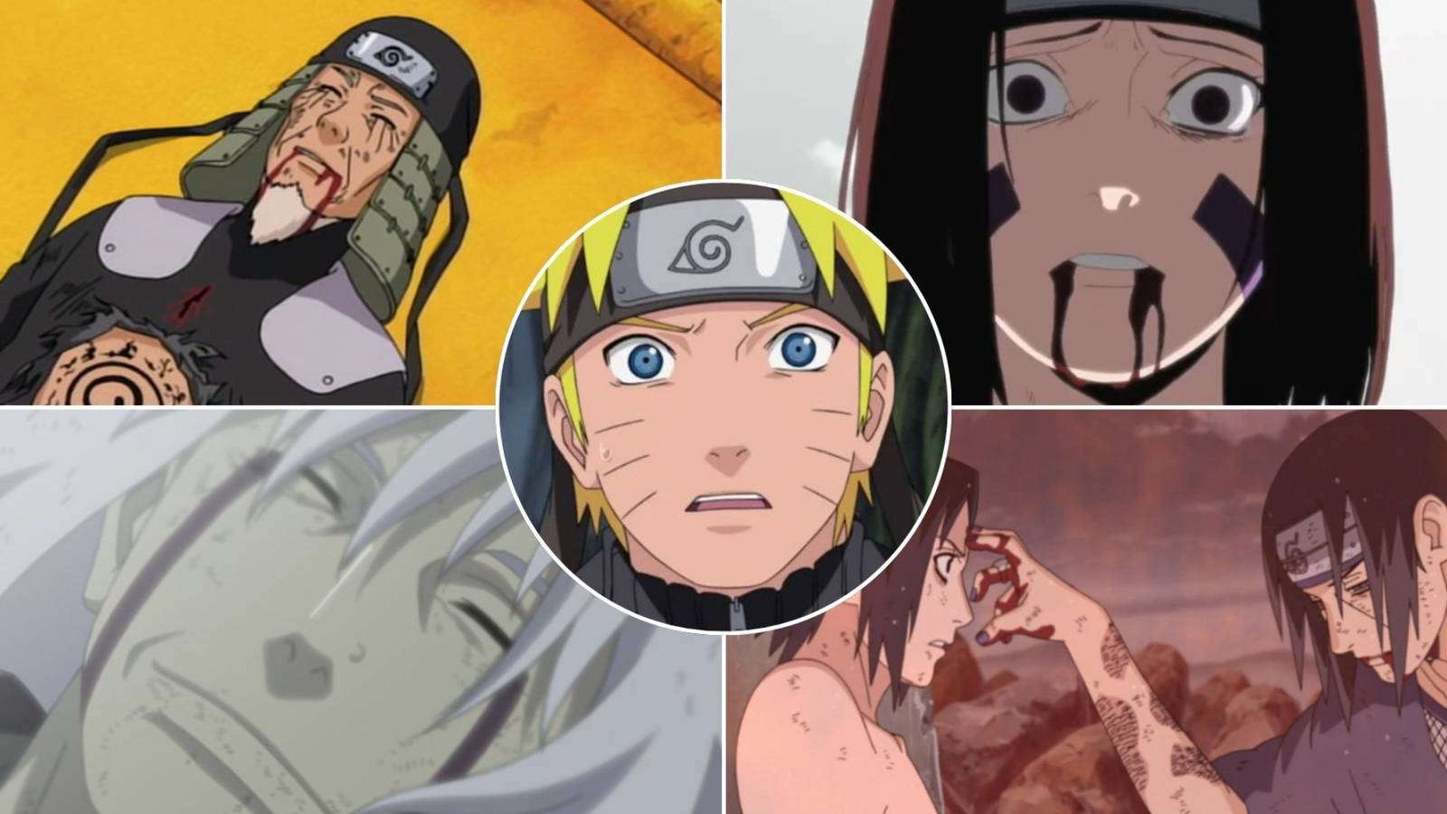 A collage of Naruto Uzumaki alongside four characters whose deaths made a great impact on the series_ Hiruzen Sarutobi, Rin Nohara, Jiraiya and Itachi Uchiha in Naruto (1)