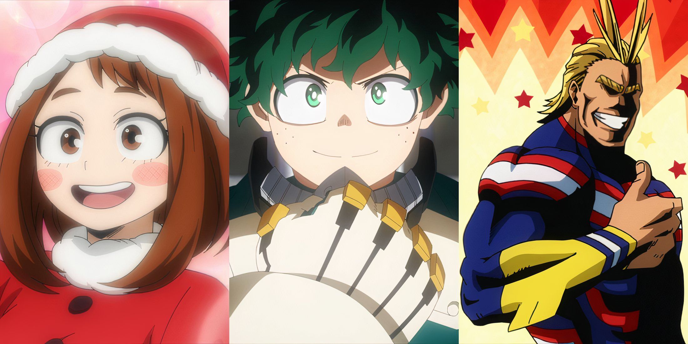 A collage of three popular My Hero Academia characters_ Ochaco Uraraka, Izuku Midoriya and All Might. (1)