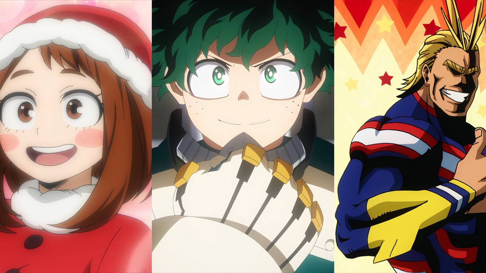 A collage of three popular My Hero Academia characters_ Ochaco Uraraka, Izuku Midoriya and All Might. (1)