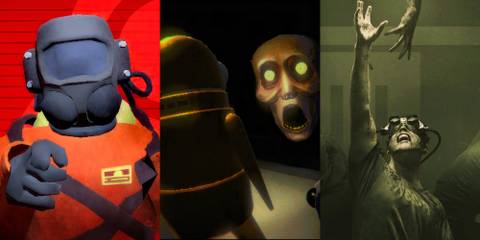 A crewmate from Lethal Company infront of a red background, a yellow Semibot looking at a skull, and The Outlast Trials poster