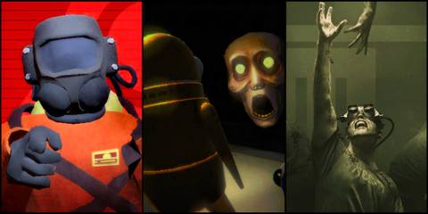A crewmate pointing in Lethal Company, a yellow Semibot looking at a skull in REPO, and The Outlast Trials poster
