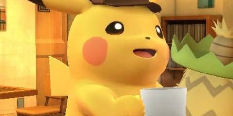 A Key Frame From Detective Pikachu Showing Pikachu Drinking A Coffee