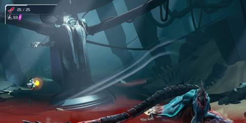 A Key Frame From Metroid Dread Showing Samus Jumping To Avoid A Tail Attack From A Lizard Boss