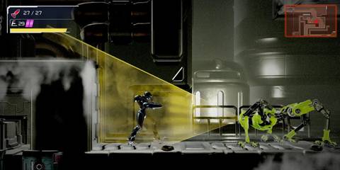 A Key Frame From Metroid Dread Showing Samus Using Her Cloaking Ability To Hide From An E.M.M.I Robot