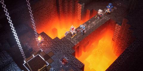 A Key Frame From Minecraft Dungeons Showing A Party Of Players Exploring A Lava-Filled Dungeon Area